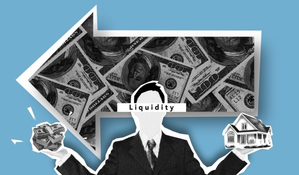 Cutout paper composition of realtor showing process of gaining money from sale of liquid real estate